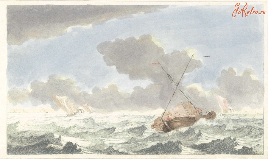 Картины - . Йохан Тейлер. Парусные лодки в бурном море, 1688-1698