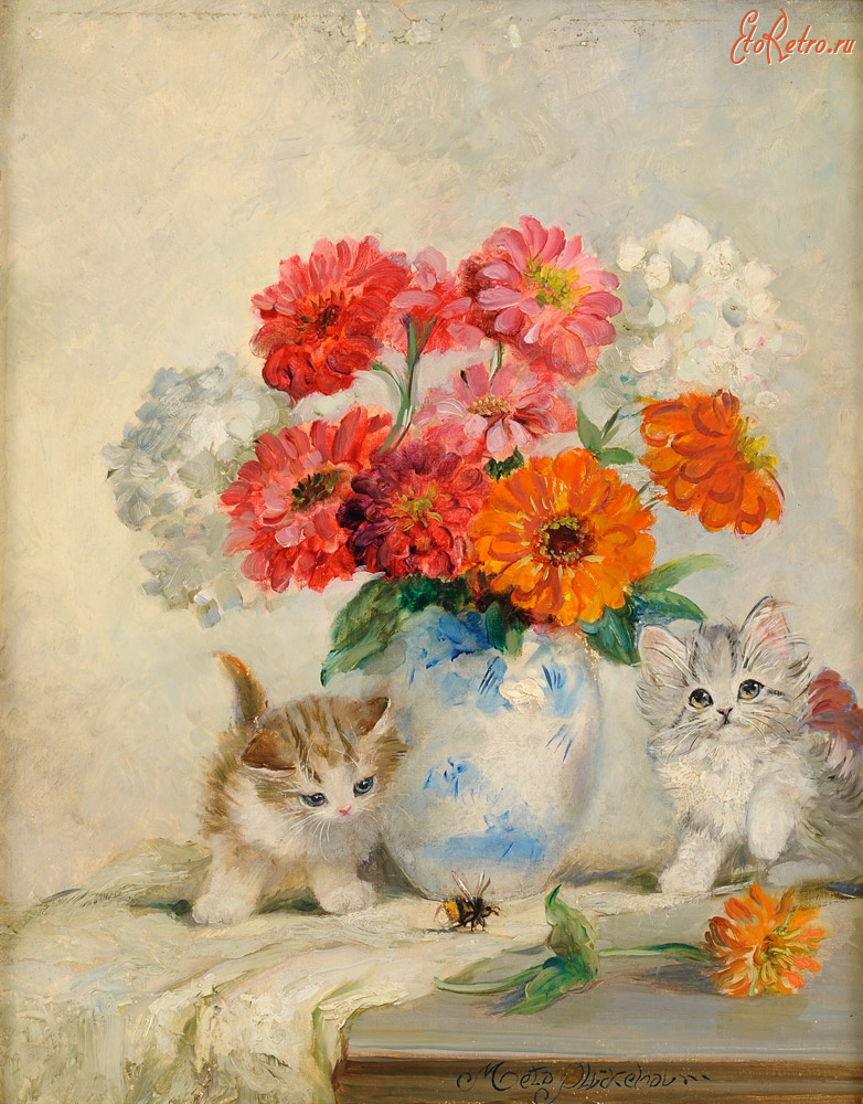 Картины - Мета Плюккебаум, Два котёнка и букет циний