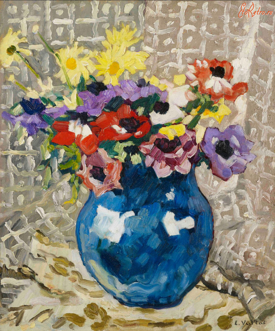 Картины - Луи Вальтат, Хризантемы и анемоны в голубой вазе