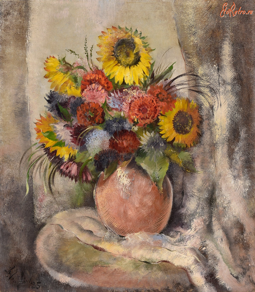 Картины - Адольф Делла, Летний букет в коричневой вазе