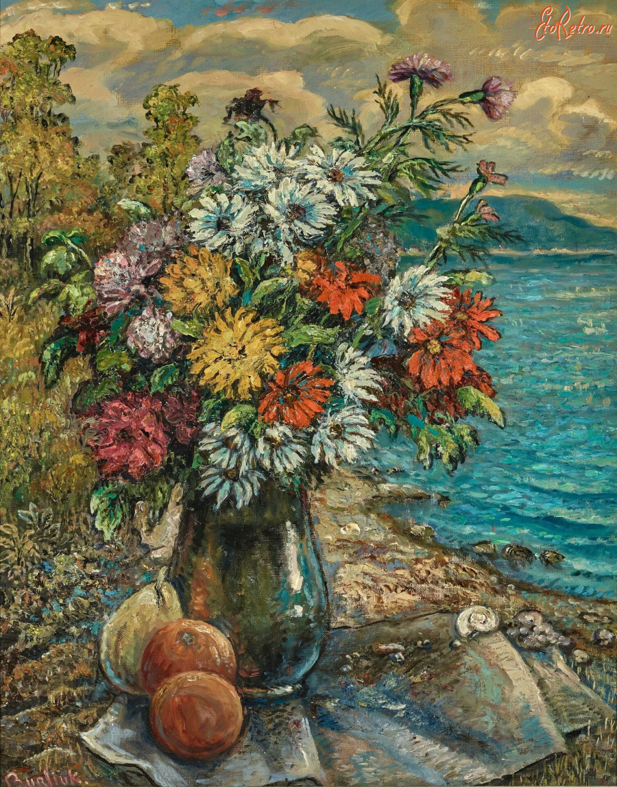 Картины - Давид Бурлюк. Цветы и фрукты на берегу