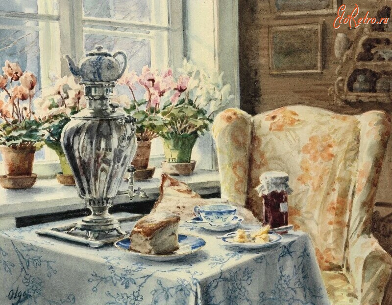 Картины - Ольга Александровна. Чайный стол с русским самоваром