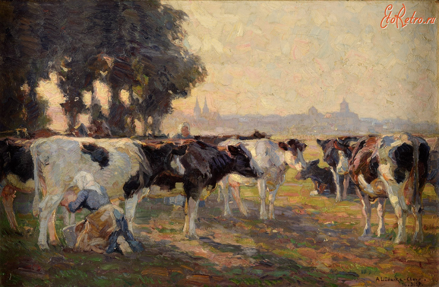 Картины - Август Людеке-Клив. На пастбище в Клеве. Пастбище с коровами