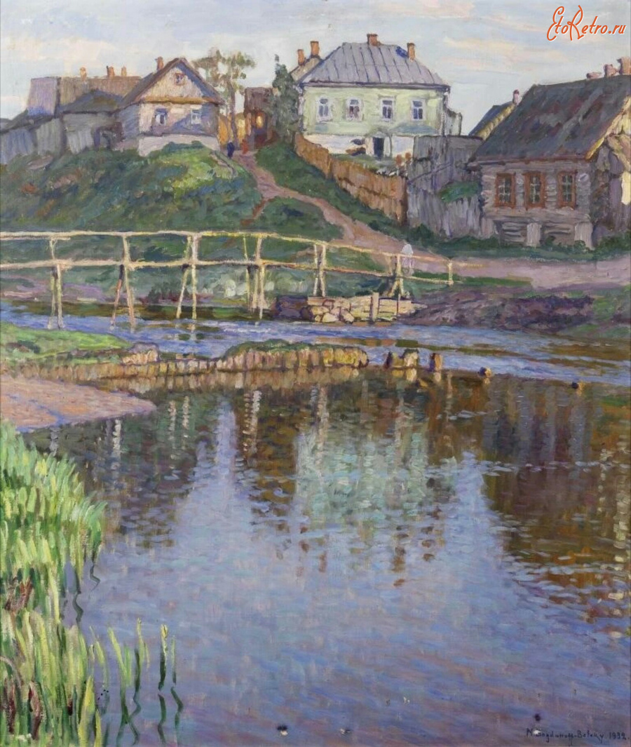 Картины - Николай Богданов-Бельский. Сельский пейзаж. Деревня на берегу реки