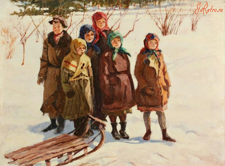 Картины - Николай Богданов-Бельский. Крестьянские дети. Катание на санках