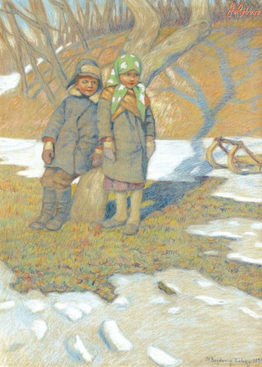 Картины - Николай Богданов-Бельский. Зимний пейзаж. Дети с санками