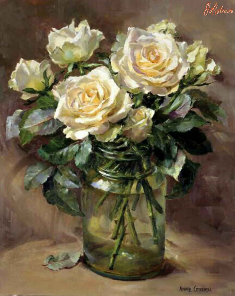 Картины - Белые розы в стеклянной банке