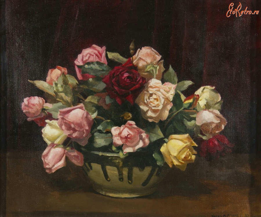 Картины - Вайолет Макиннес. Красные, розовые и белые розы в вазе