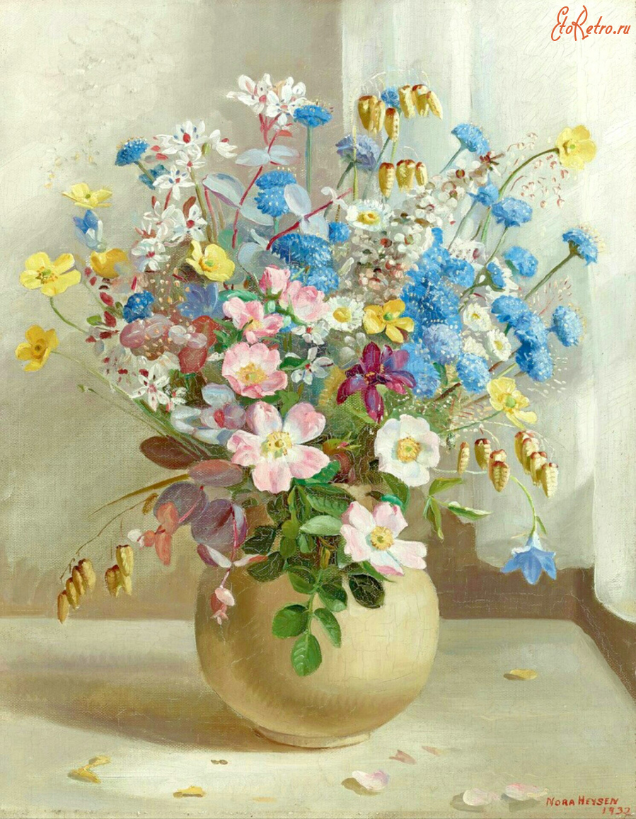 Картины - Нора Хейзен. Натюрморт Садовые цветы в белой вазе у окна