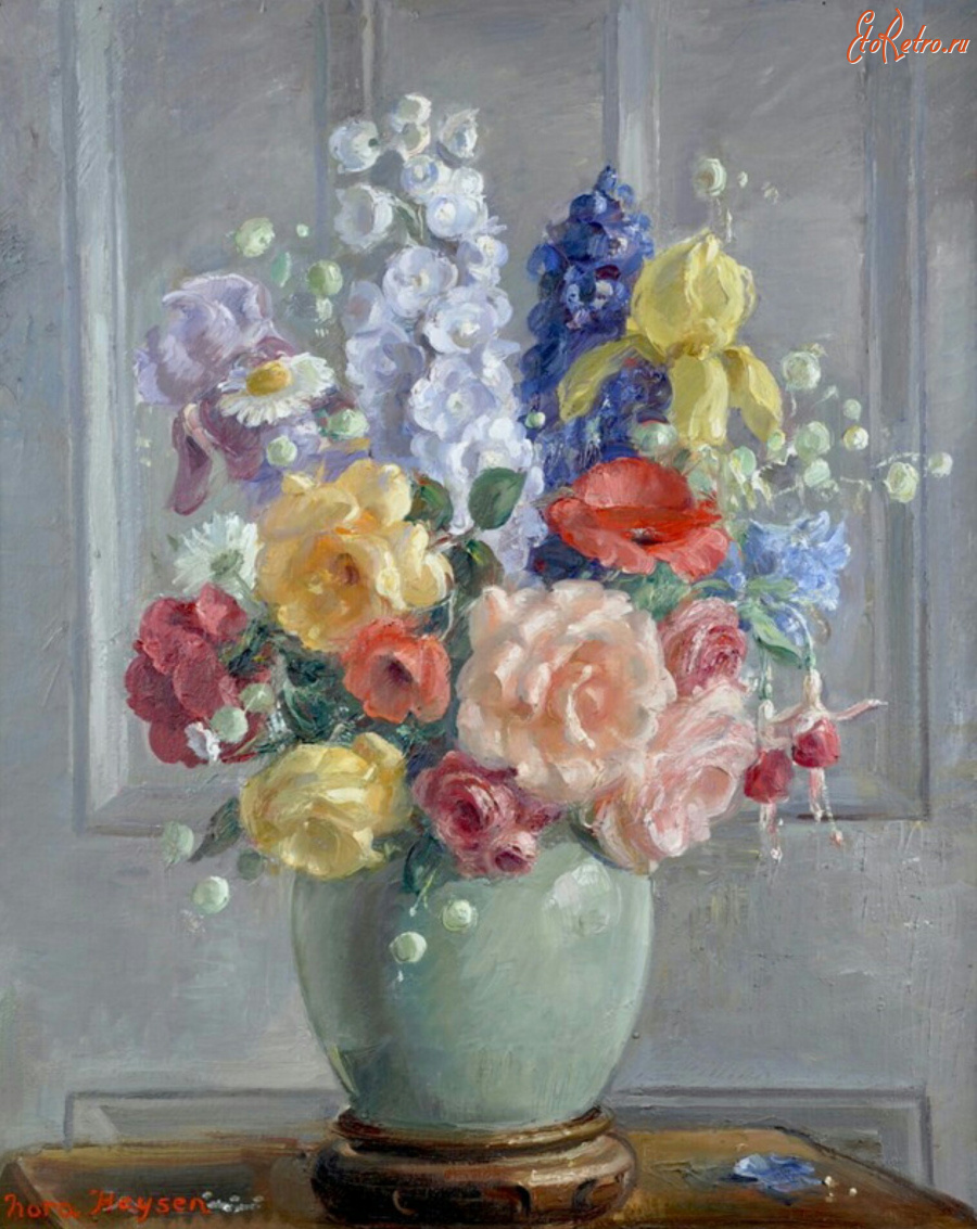 Картины - Нора Хейзен. Букет цветов в голубой вазе в интерьере