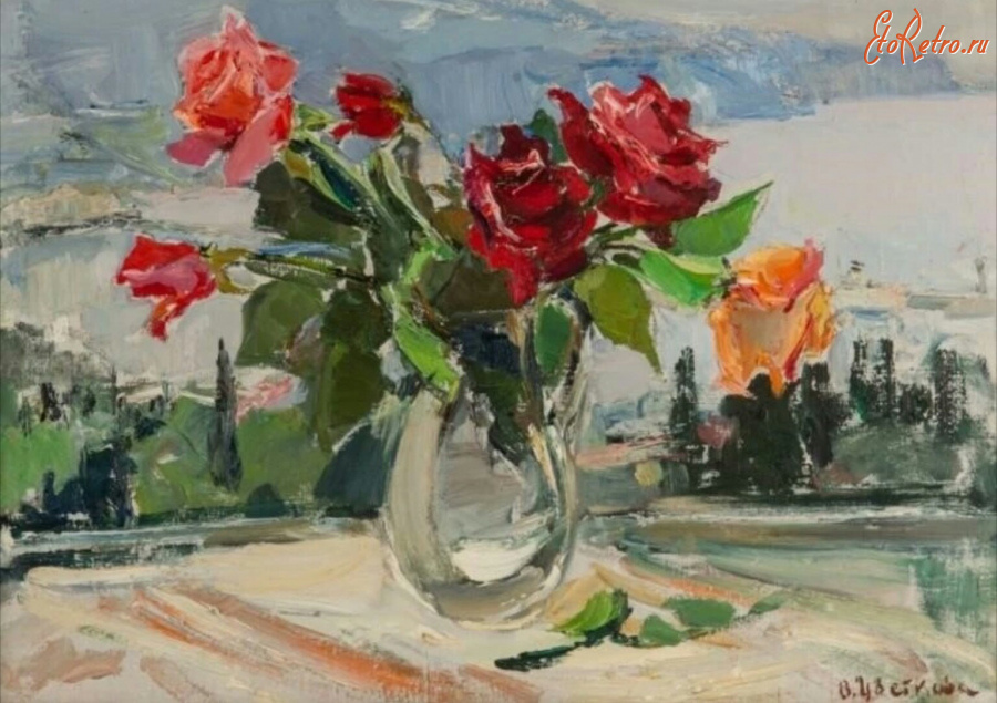 Картины - Валентина Цветкова. Натюрморт с красными розами и видом на Ялту