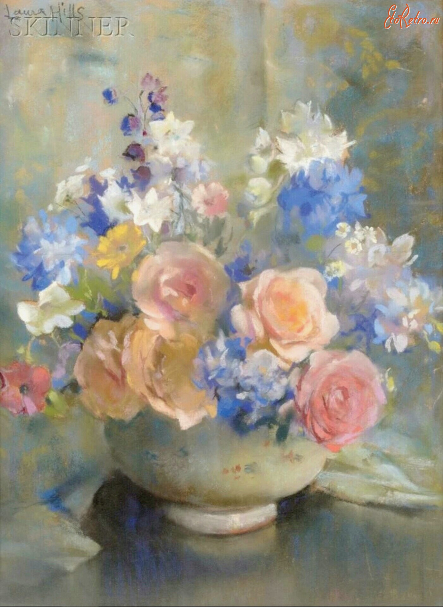 Картины - Лаура Комбс Хиллс. Розы и дельфиниум в белой вазе