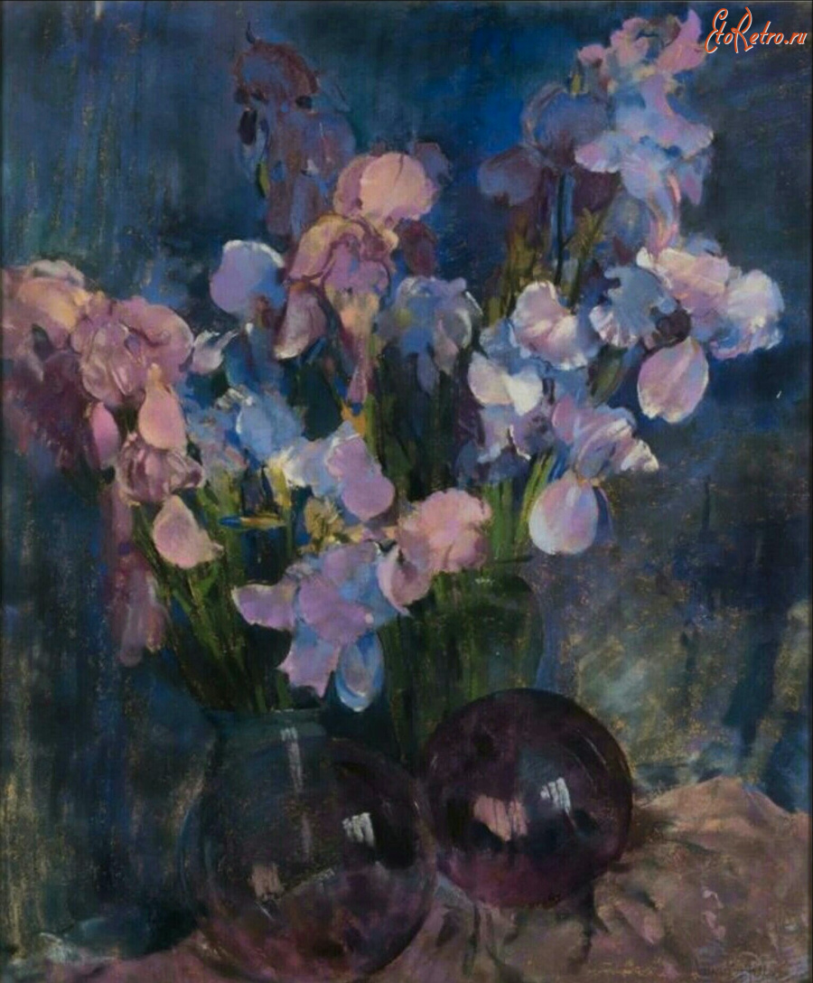 Картины - Лаура Комбс Хиллс. Пурпурные ирисы и стеклянные шары
