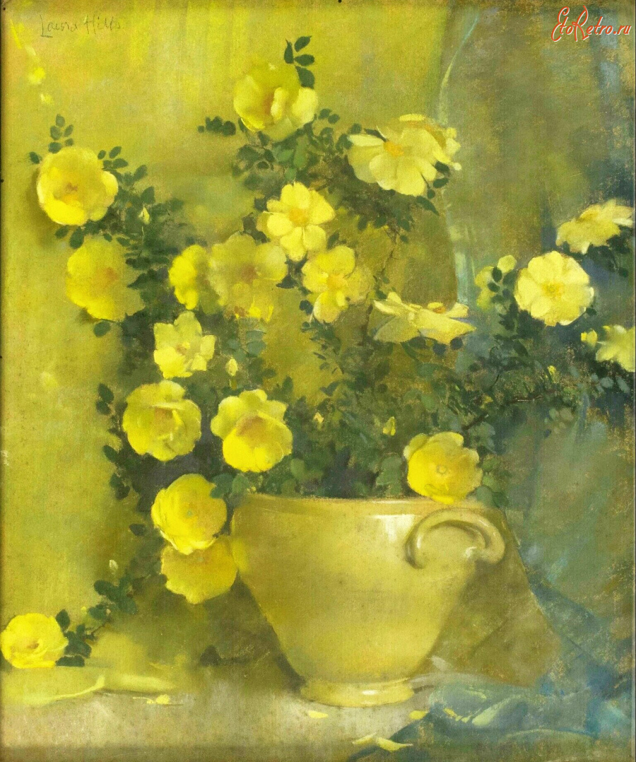 Картины - Лаура Комбс Хиллс. Жёлтые розы в керамическом горшке