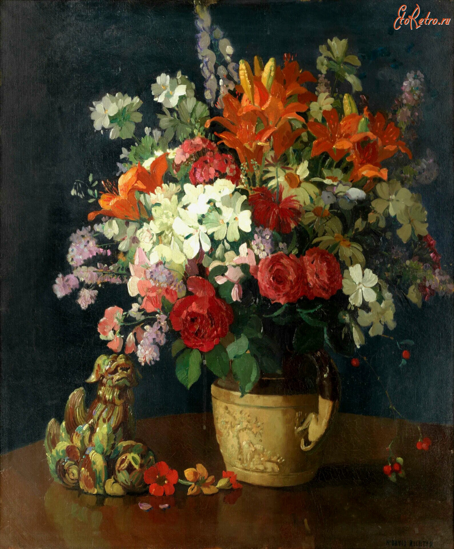 Картины - Герберт Дэвис Рихтер. Лилии, розы, герань в вазе и статуэтка