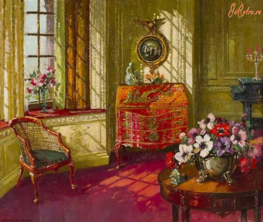 Картины - Герберт Дэвис Рихтер. Интерьер комнаты с цветами и зеркалом в утреннем свете