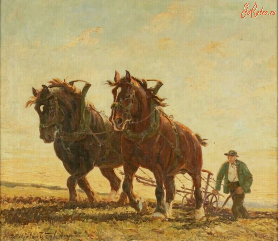 Картины - Вильгельм Вестероп. На пашне. Фермер и пара лошадей