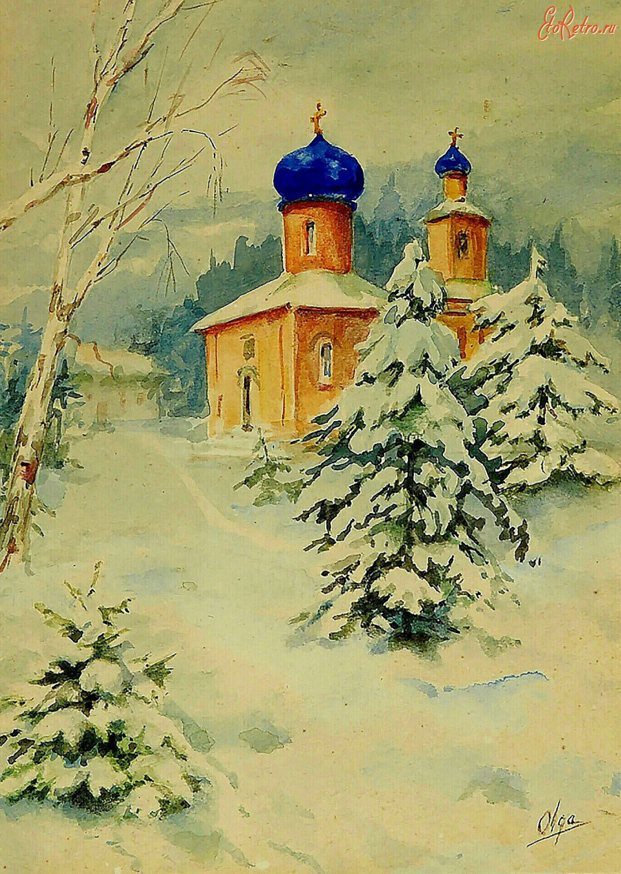Картины - Ольга Александровна. Деревенская церковь под снегом