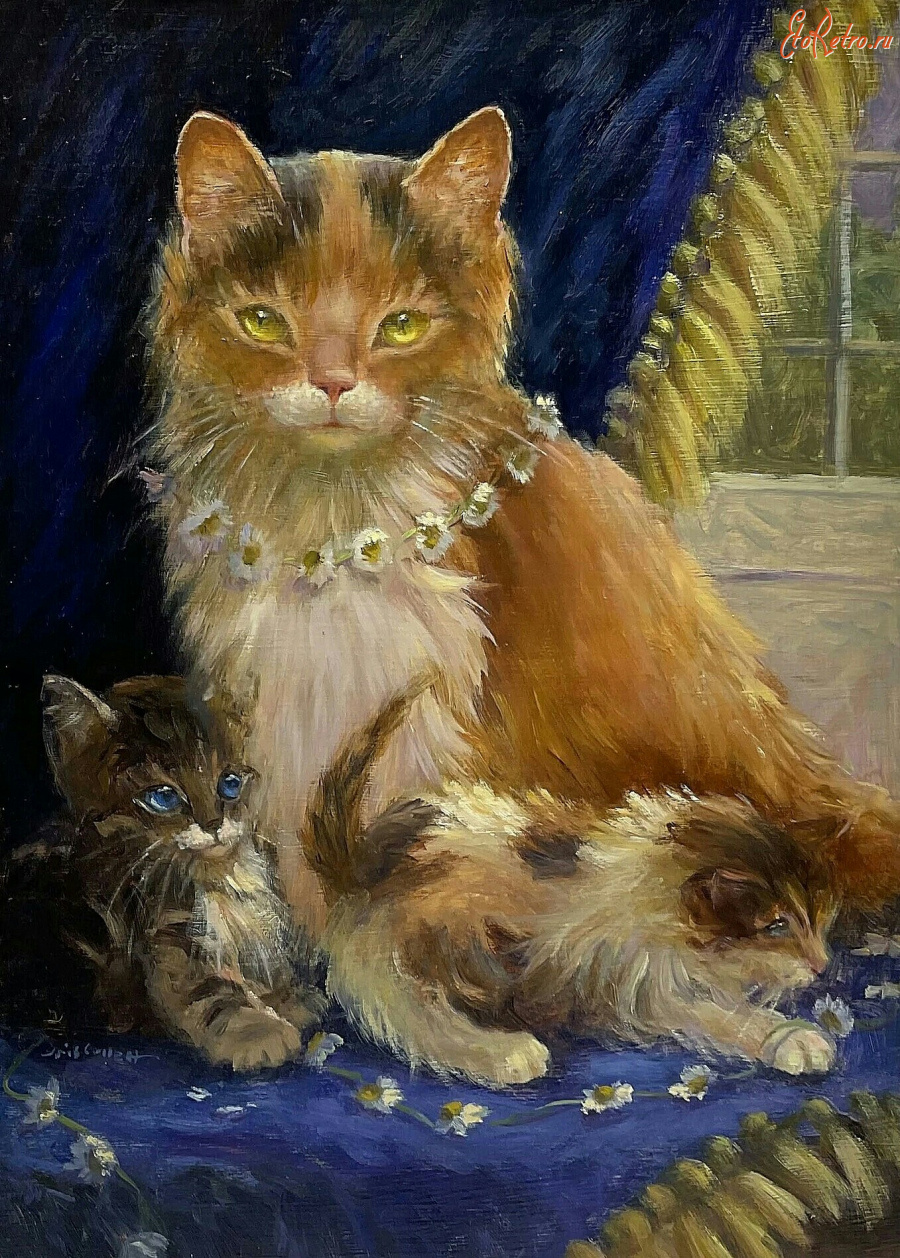 Картины - Айрис Коллетт. Кошка и котята с гирляндой