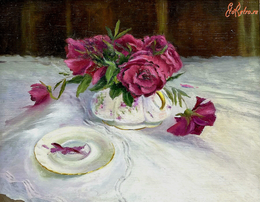 Картины - Айрис Коллетт. Розовые розы в фарфоровой сахарнице