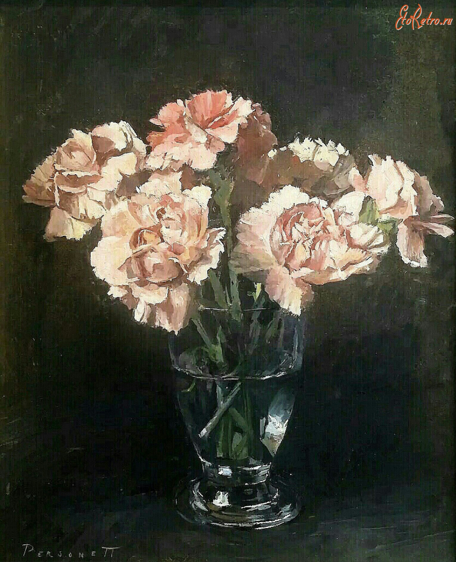 Картины - Рэйчел Персонет. Розовые гвоздики в стеклянной вазе