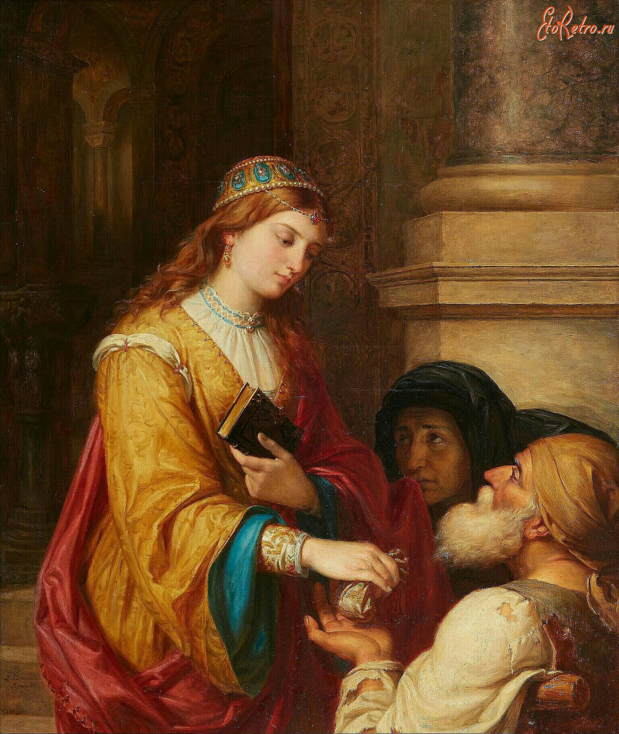 Картины - Людвиг Брюльс.  Милостыня у дверей храма в Риме