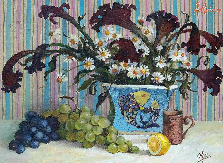 Картины - Ольга Александровна. Цветы в вазе и виноград на столе