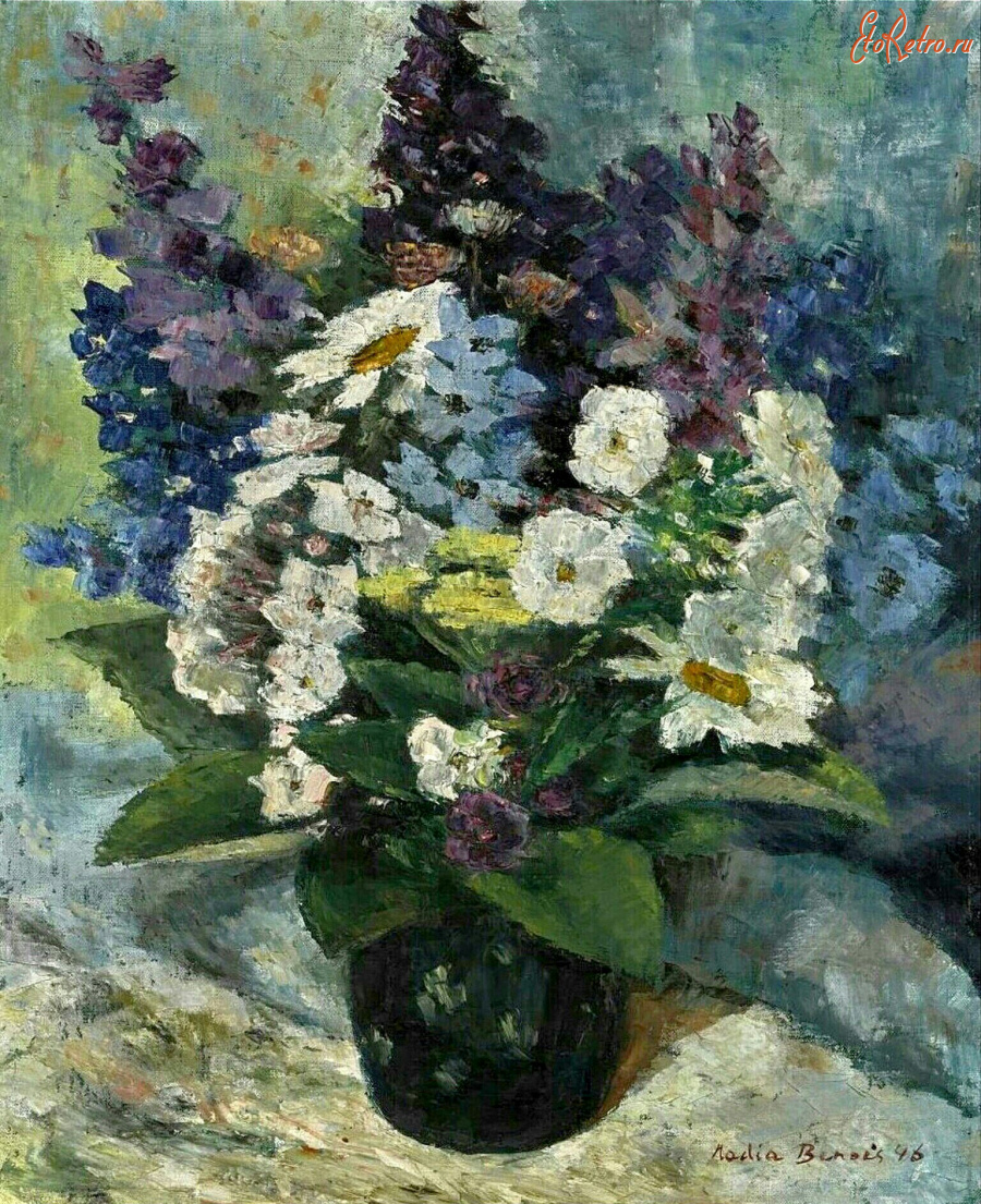 Картины - Надя Бенуа. Голубые и белые цветы в вазе
