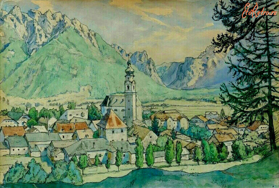 Картины - Александр Бенуа. Деревня и церковь Толбах, Доббиако