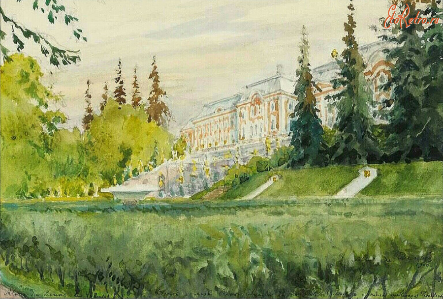 Картины - Александр Бенуа. Вид на Большой Петергофский дворец