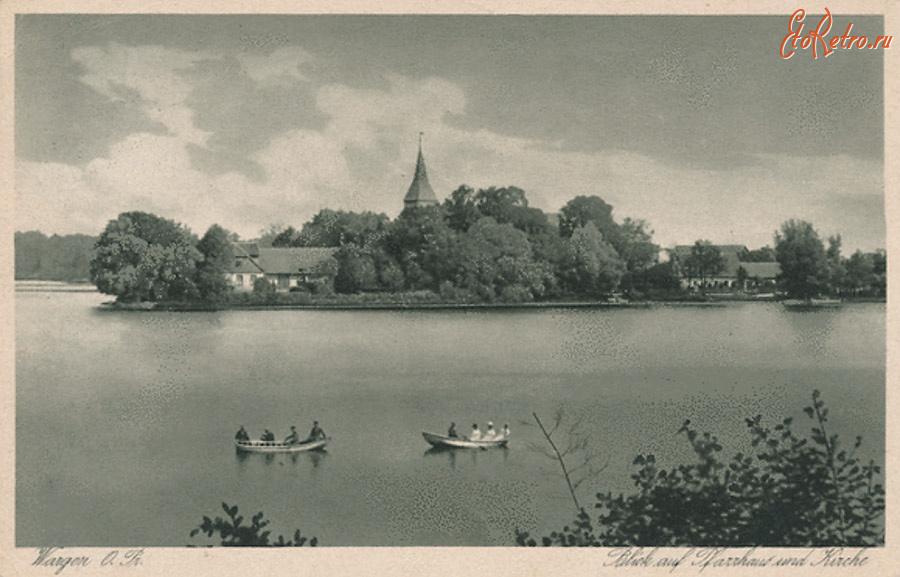 Калининградская область - Warglitten (Wargen)-Preyl, Blick vom Kirchen Teich auf Pfarrhaus und Kirche.