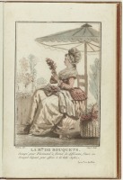 Ретро мода - Парижский костюм. Цветочница с букетом и корзиной роз