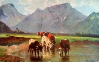 Ретро открытки - Горный пейзаж и коровы на водопое