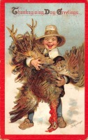 Ретро открытки - С Днём Благодарения от мальчика-пилигрима, 1911
