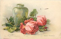 Ретро открытки - Красные розы и зелёная ваза