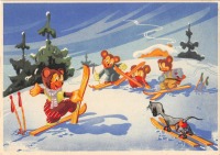 Ретро открытки - Медведи.  Катание  на лыжах