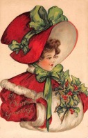 Ретро открытки - Рождественские приветствия. Девушка в красной шляпе