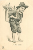 Ретро открытки - С Новым Годом. Мальчик с двумя поросятами в корзине