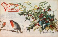 Ретро открытки - Счастливого Рождества.  Две малиновки, падуб и омела