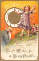 Ретро открытки - С Новым Годом. Ангел и счастливые часы