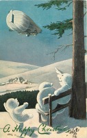 Ретро открытки - С Рождеством и Новым Годом. Три снеговика и дирижабль