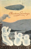 Ретро открытки - С Рождеством и Новым Годом. Три снеговика и дирижабль
