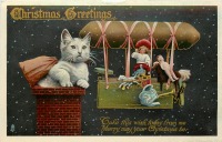Ретро открытки - С Рождеством. Кот, подарки и дирижабль