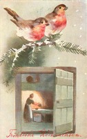 Ретро открытки - С Рождеством. Две малиновки и вечерний чай