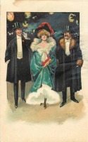 Ретро открытки - Женщина в вечернем манто и двое мужчин с моноклями