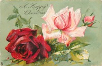 Ретро открытки - С Рождеством. Розовая и красная розы