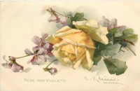 Ретро открытки - Среди цветов. Жёлтая роза и фиалки