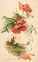 Ретро открытки - Красные маки и сельский пейзаж с мельницей и маргаритками