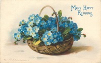 Ретро открытки - Плетёная корзина с голубыми незабудками