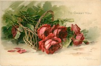 Ретро открытки - Приветствие для вас. Красные розы в корзине